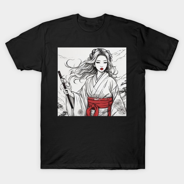 PAINTING  JAPANESE GIRL BLACK AND WHITE T-Shirt by nonagobich